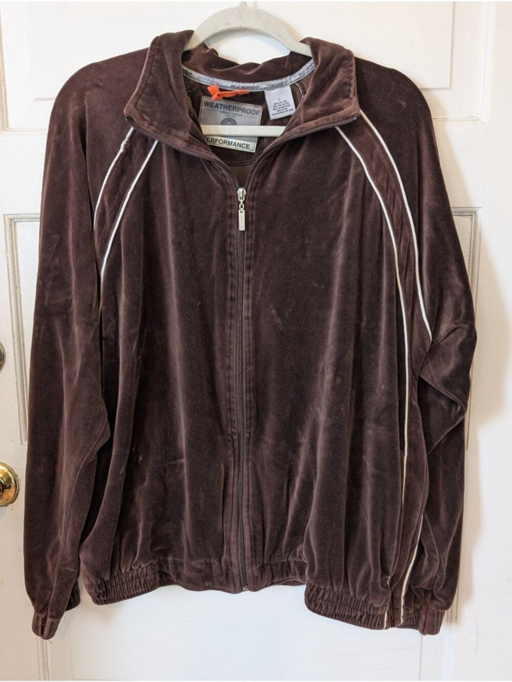 Men's Weatherproof Performance Velour Track Jacket Chocolate Brown Size L 70s
